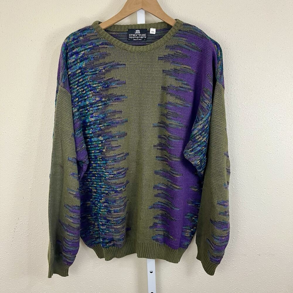 Vintage Structure Made in Italy Sweater Mens L Large Green Purple Abstract 90s